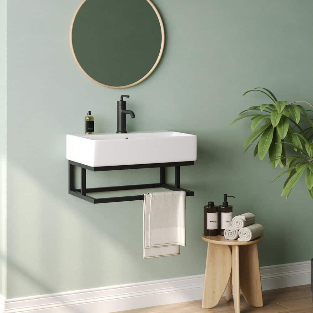 DEERVALLEY 22.4 in. x 5.1 in. Rectangular Wall Mounted Bathroom Sink in White Ceramic with Black Towel Bar and Overflow (2)
