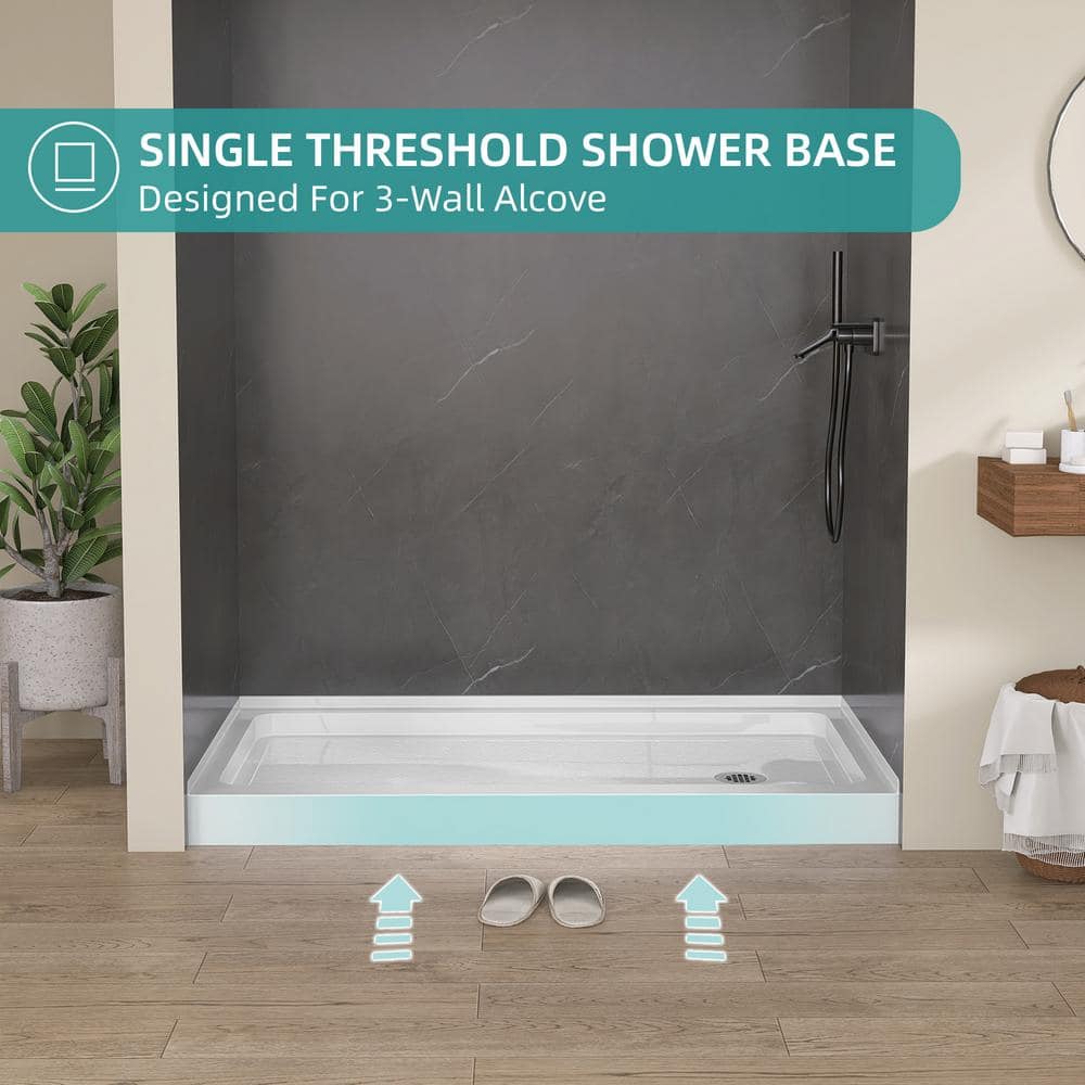 Getpro 60 in. L x 30 in. W Rectangular Alcove Shower Pan Base with Right Drain in White Single Threshold Acrylic Shower Tray (3)