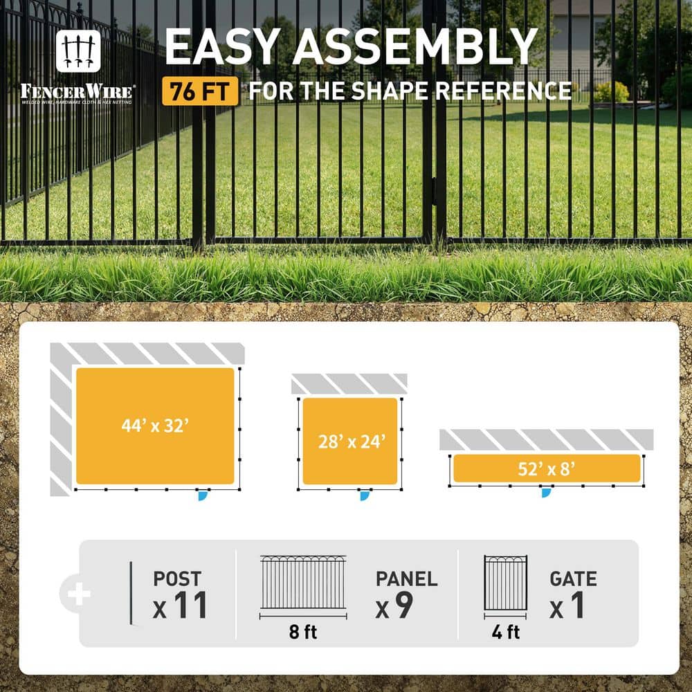 Fencer Wire 8 ft. x 5 ft. Black Steel Arc Flat Top Metal Fence Panel Kit with Arc Flat Top Fence Gate (Set of 76 ft. ) (2)