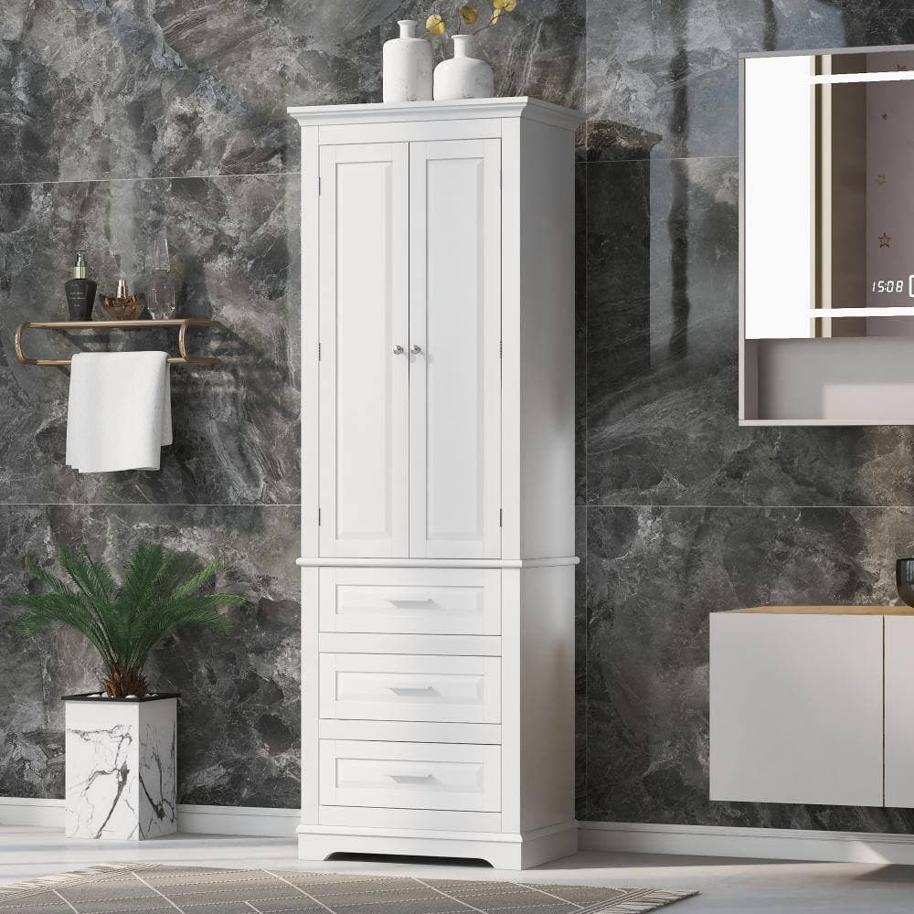 YSQCAR 24 in. W x 16 in. D x 70 in. H White MDF Freestanding Linen Cabinet with Door, Drawer, Adjustable Shelf (2)