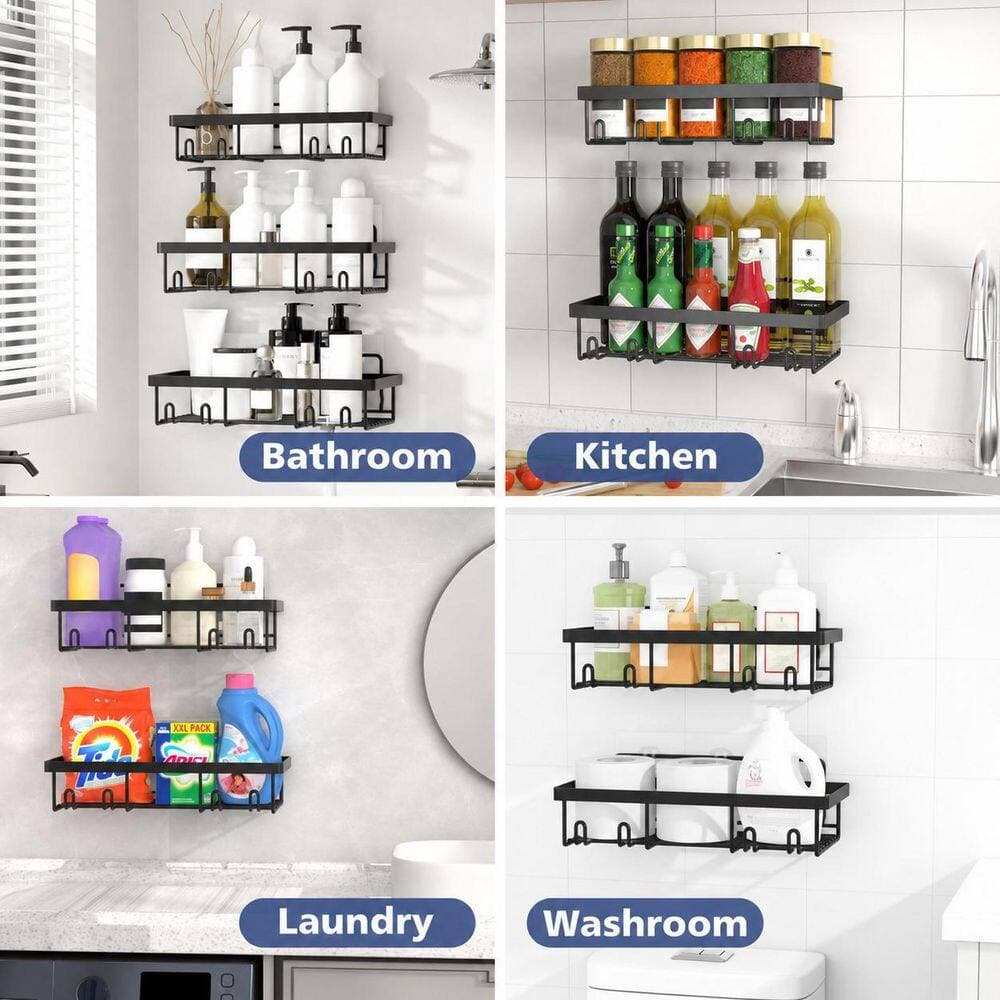 Anqtovp 5 Pack Adhesive Wall Mount Rustproof Stainless Steel Shower Caddy Set in Black with Large Storage Organizer for Bathroom (2)