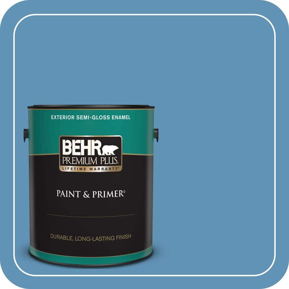BEHR PREMIUM PLUS 1 gal. #MQ5-56 Empire Blue Semi-Gloss Enamel Exterior Paint & Primer