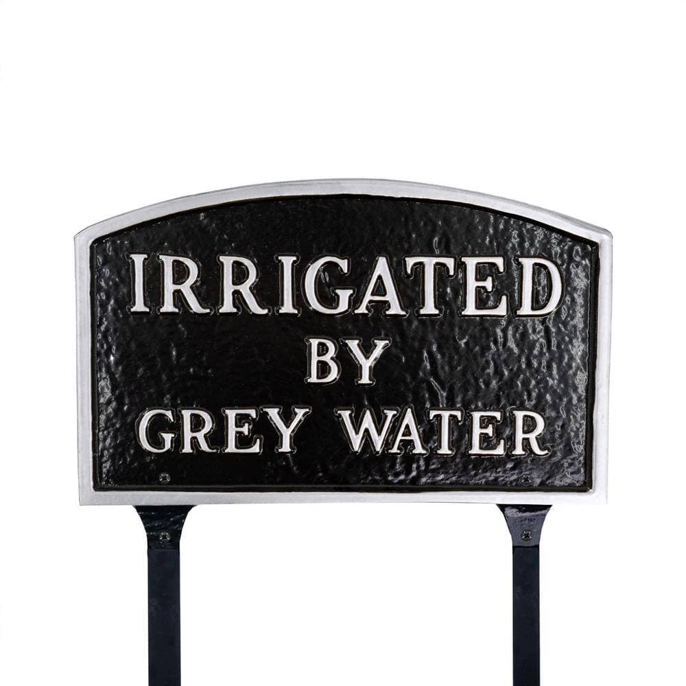 Montague Metal Products 10 in. x 15 in. Standard Arch Irrigated by Grey Water Statement Plaque Sign with Lawn Stakes - Black/Silver