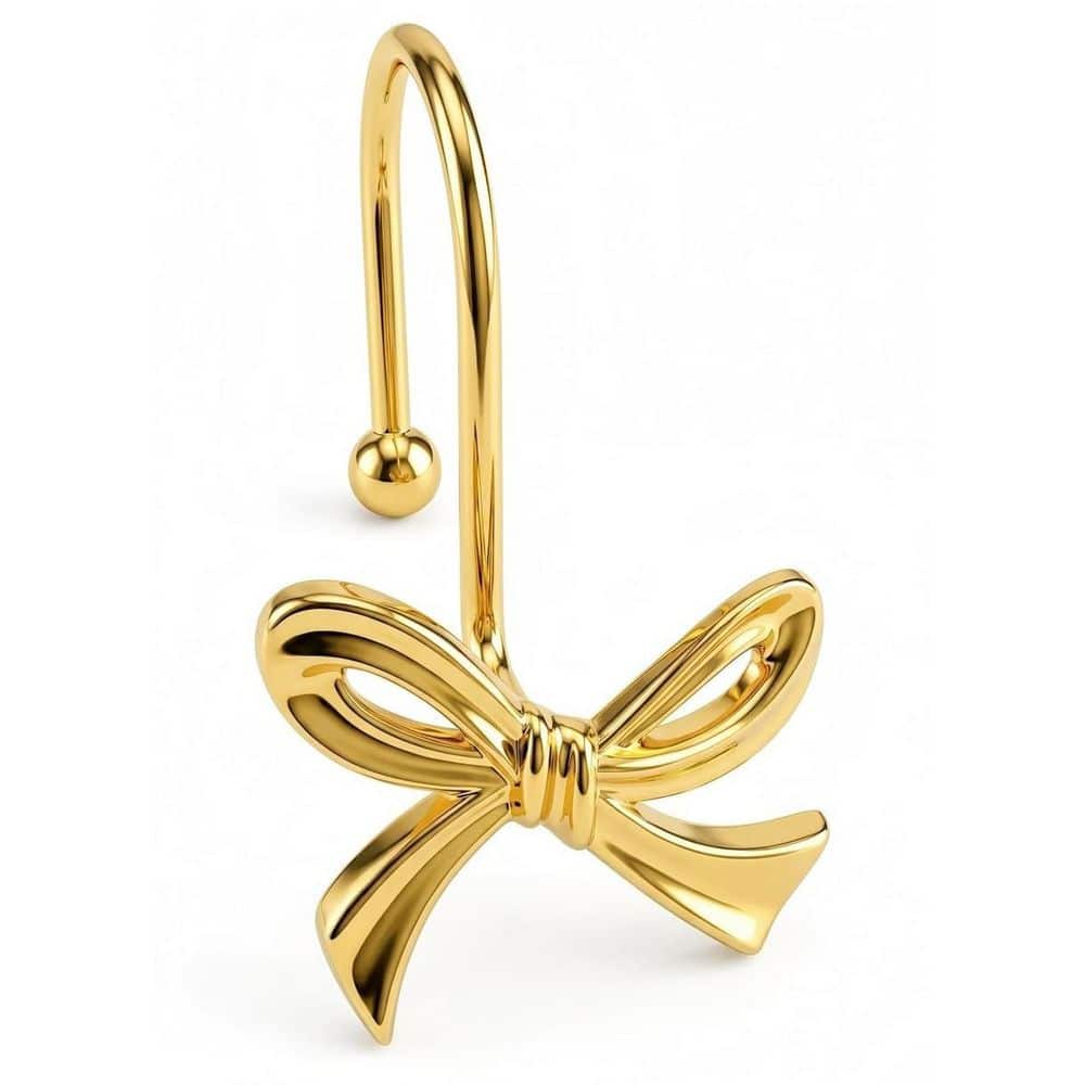 KHKFY Gold Decorative Shower Curtain Hooks with 3D Ribbon Bow Design, (Set of 12) Metal Rust-Resistant Shower Rings