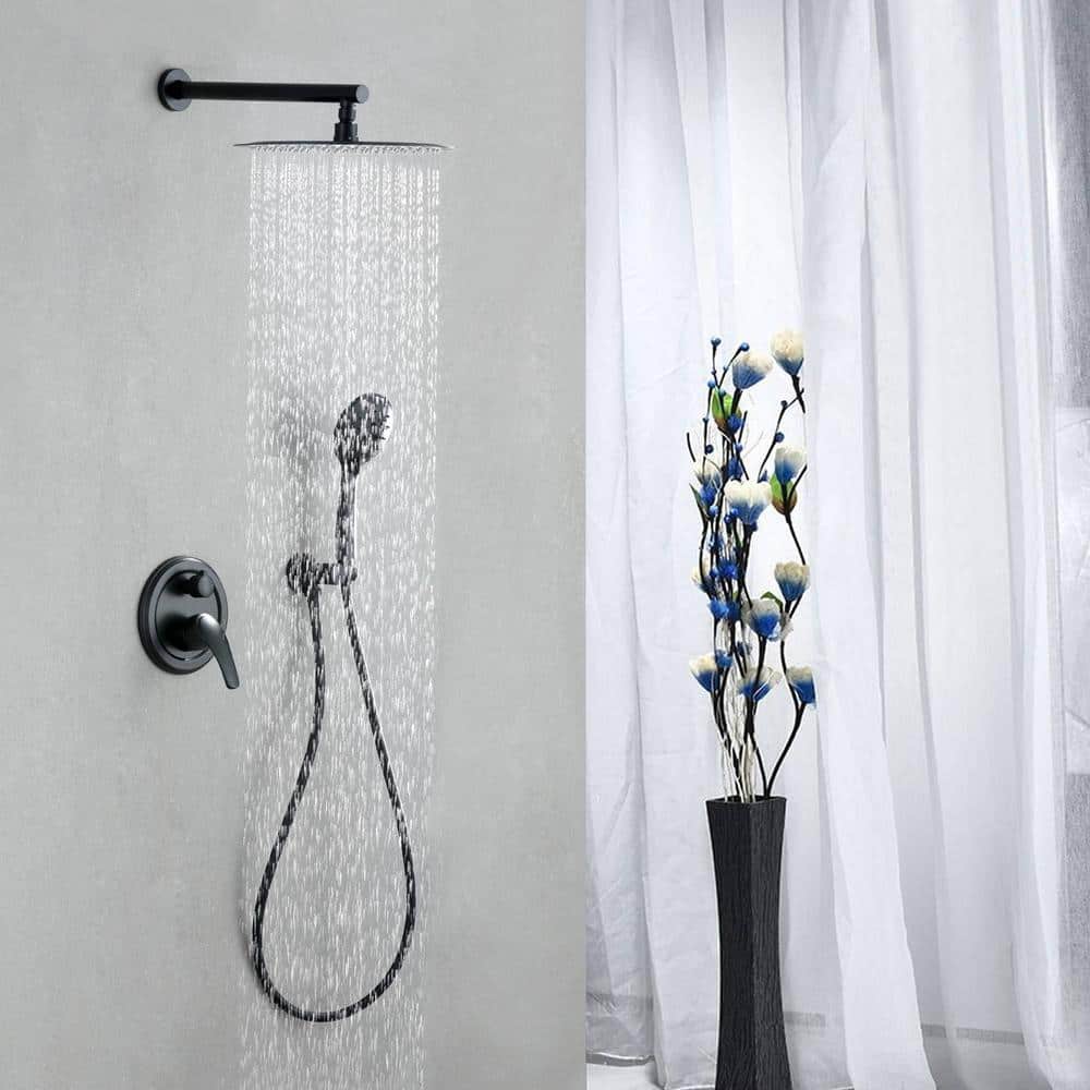FLG Wall Mount Single-Handle 5-Spray Round Shower Faucet with 12 in. Shower Head in Matte Black (Valve Included) (2)