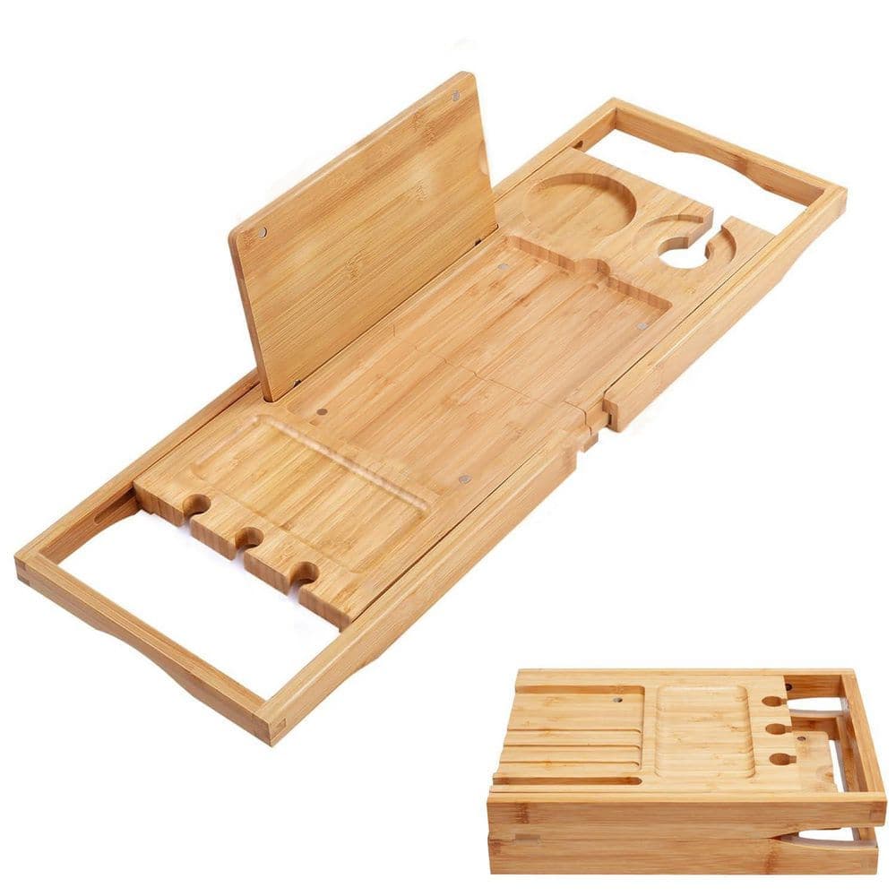 Numhew 1-Pack Expandable Bamboo Bathtub Caddy Tray for Tub with Adjustable Design and Book Tablet Wine Glass Cup Towel Holder (1)