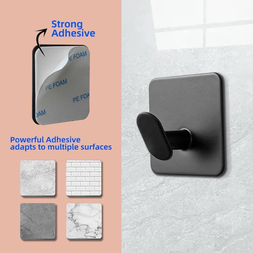 Unbranded Four-Piece Adhesive Wall Hook Set for Robe & Towel, Matte Black Steel, 1.8 in. Square, 15 lb Capacity (2)