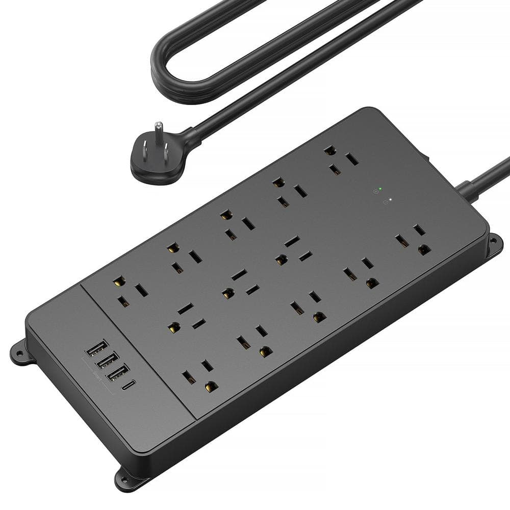 Ahfiwaso Mountable Heavy Duty 5 ft. Power Strip Extension Cord 13-Outlet AC 4000-Joules Surge Protector with 4-USB Ports 1-USB C (1)