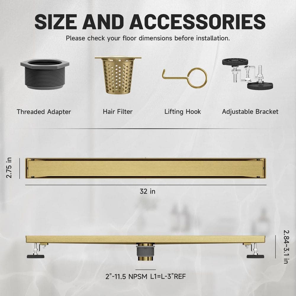BWE 32 in. 304 Stainless Steel Linear Drain for Fast Drainage, Floor Drain for Bathroom in Brushed Gold (3)