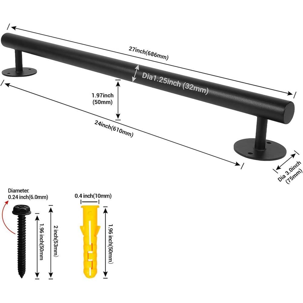 Afoxsos 27 in. Black Metal Hand Rails for Indoor Stairs Wall Mounted Staircase Handrail Outdoor Safety Grab Bars Rails Kit (2)