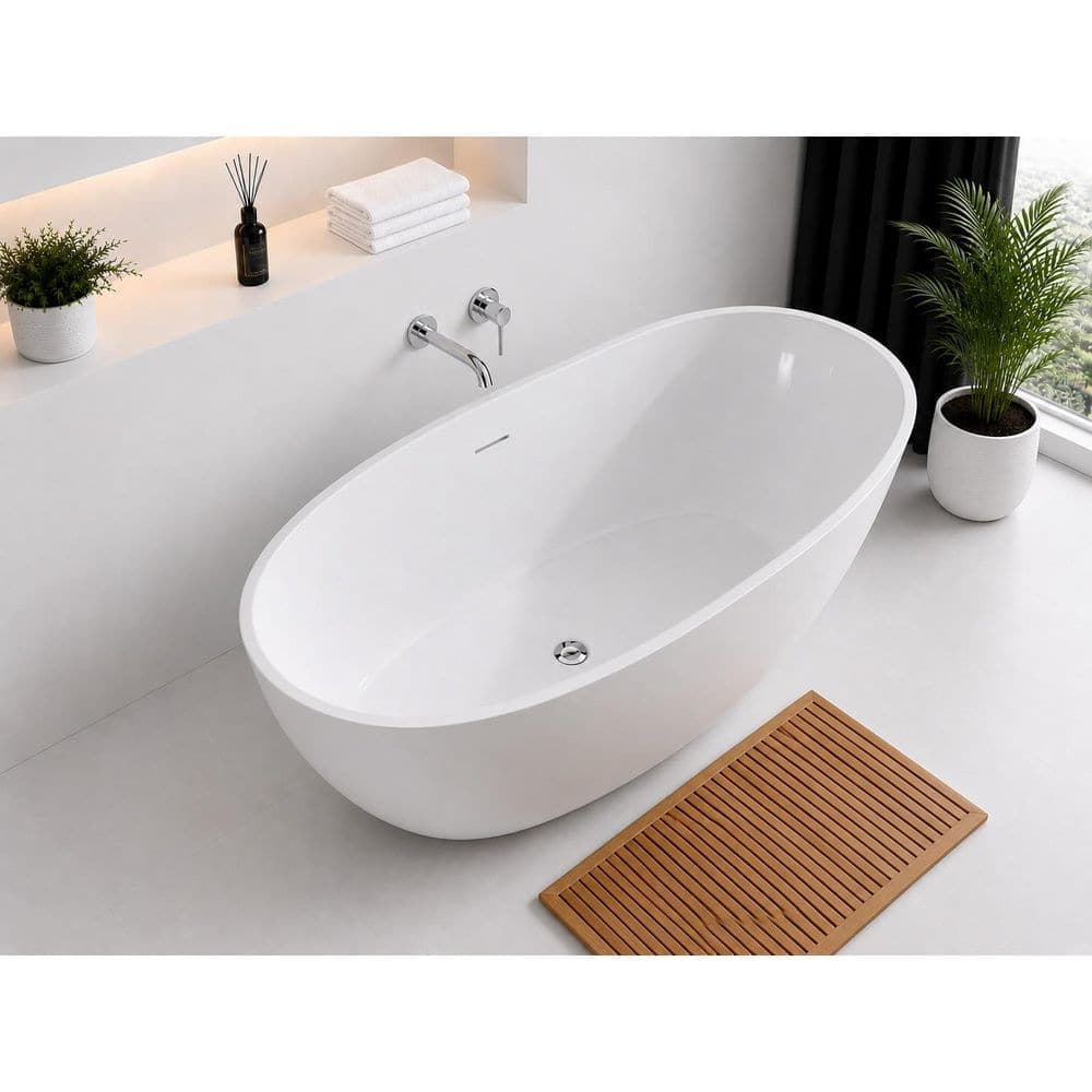 A&E Layla 67 in. Acrylic Classic Flatbottom Non-Whirlpool Freestanding Oval Bathtub in White