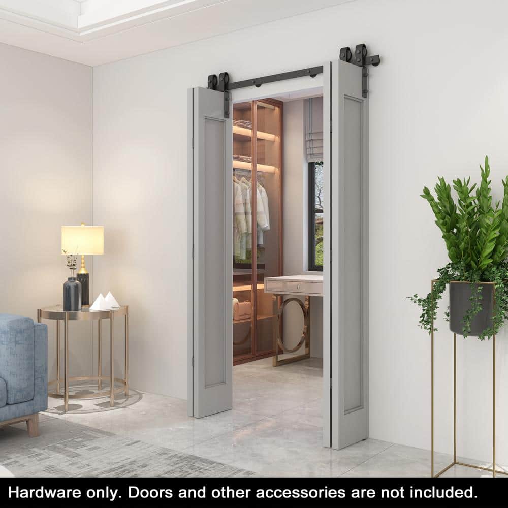 CALHOME 51 in. Black Double Bi-Fold Front Mount Sliding Barn Door Track and Hardware Kit-Door Not Included