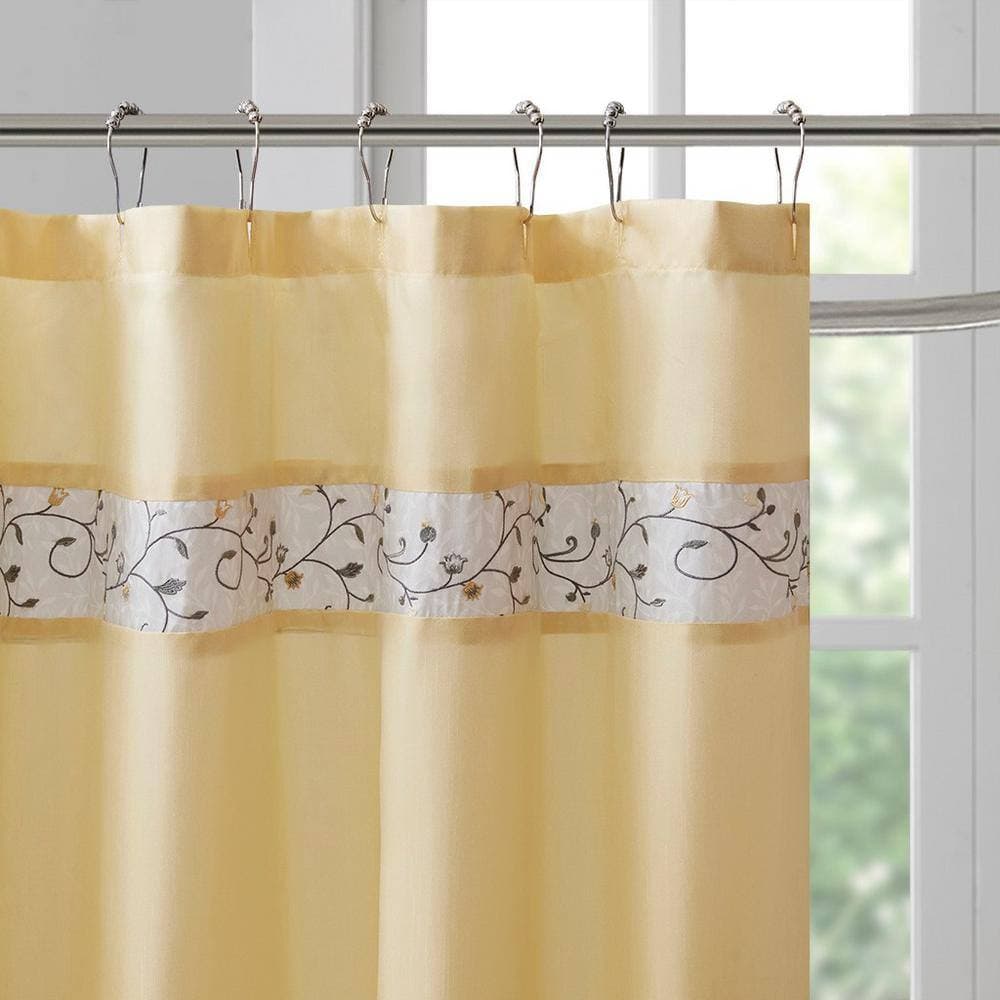 Afoxsos 72 in. W x 72 in. L Faux Silk Embroidered Floral Polyester Shower Curtain in Yellow (2)