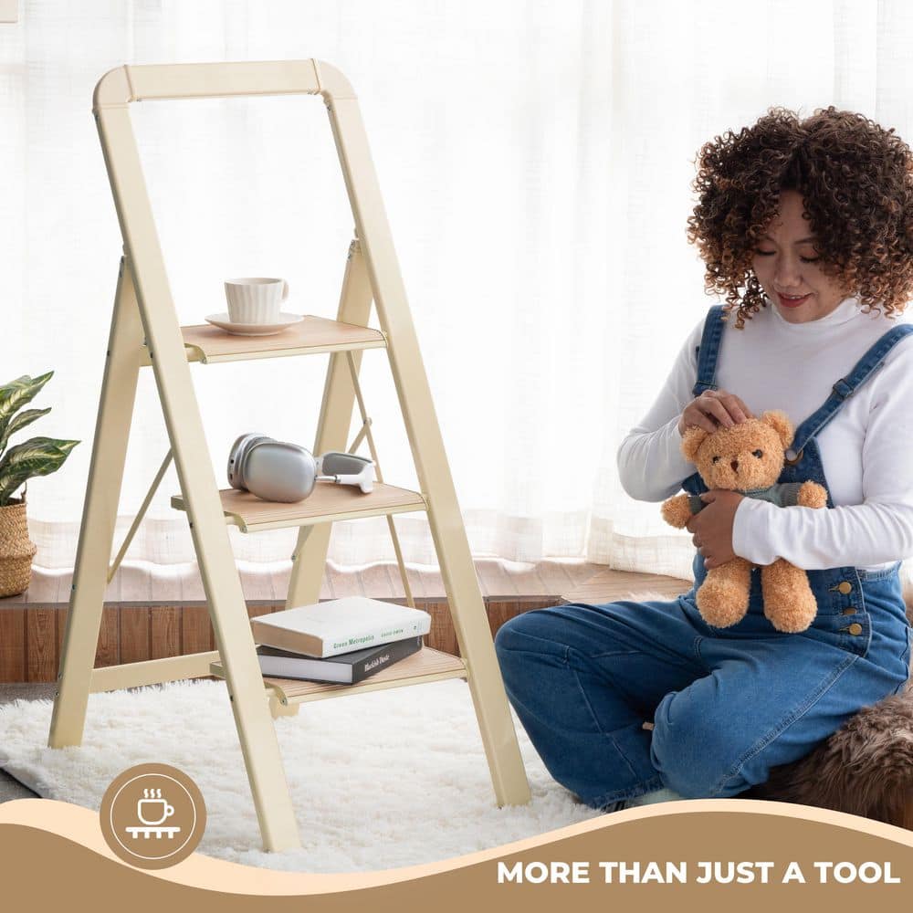 TITANKIT PRO 3-Step Lightweight Aluminum Step Stool (7 ft. Reach) 450 lb. Load Capacity w/ Anti-Slip Wide Pedal and Handrails, Beige (2)