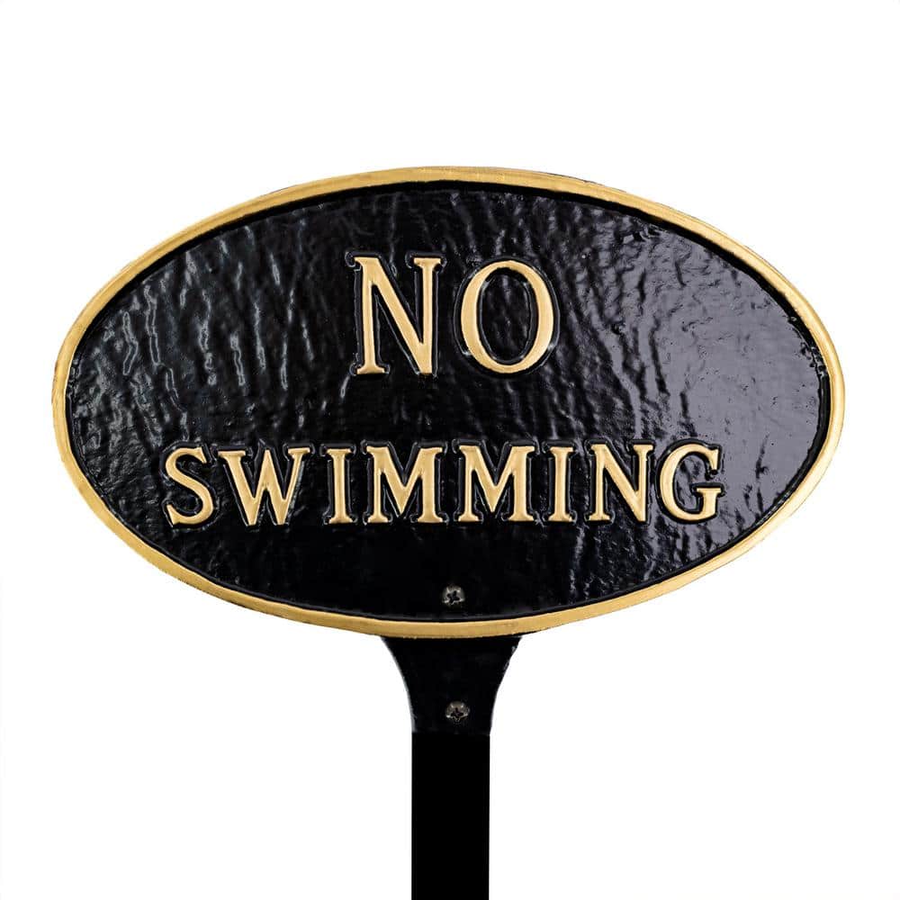 Montague Metal Products 6 in. x 10 in. Small Oval No Swimming Statement Plaque Sign with Lawn Stake - Black/Gold