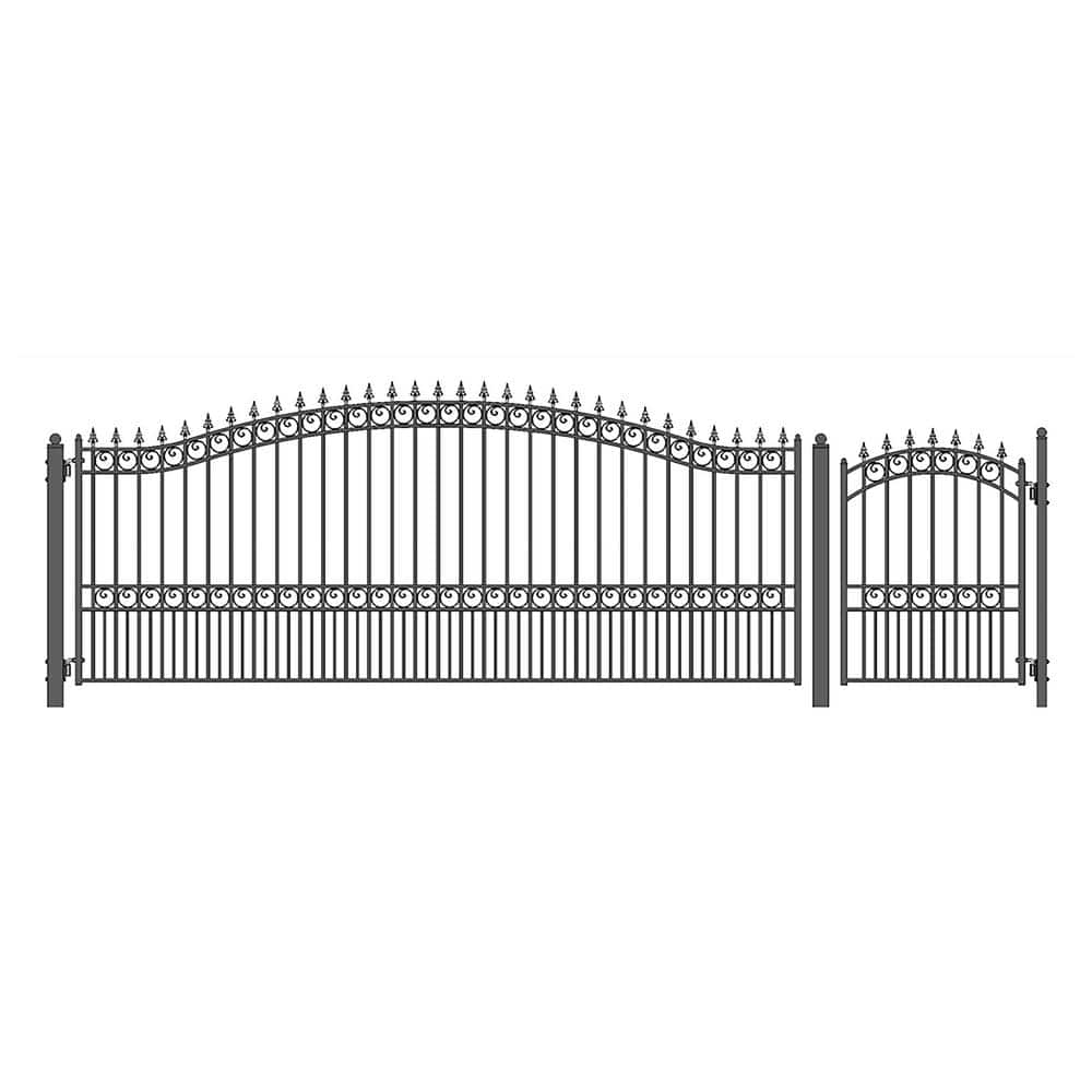 ALEKO 21 ft. x 6 ft. Black Steel Single Swing Driveway Gate London Style 16 ft. with Pedestrian Gate 5 ft. Fence Gate (1)
