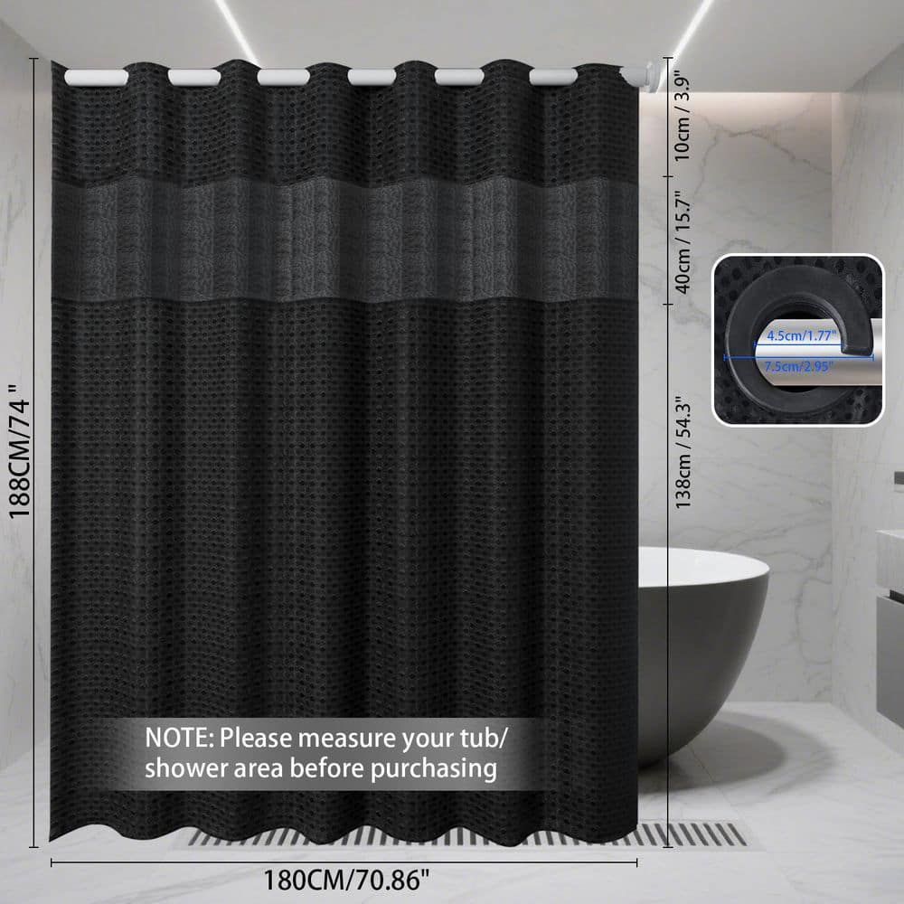 ilemong Shower Curtain Waffle Weave No Hook Shower Curtain with Snap in Polyester Fabric Bathroom Curtain, 71 in. x 74 in. Black