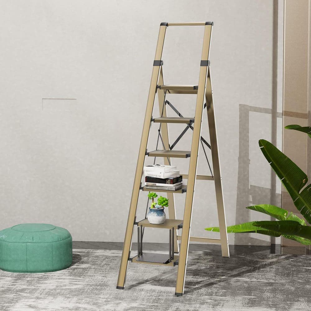 Unbranded 6 Step Ladder for 12 ft. High Ceiling, Stepladders with Anti-Slip Use Space Saving-Gold (2)