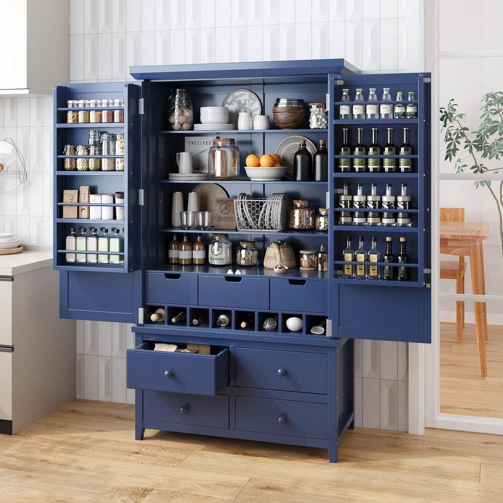 Unbranded 41.3 in. W x 18.7 in. D x 71.1 in. H Blue Linen Cabinet with 8 Door Shelves 3 Adjustable Shelves 7 Drawers 8 Wine Racks (2)