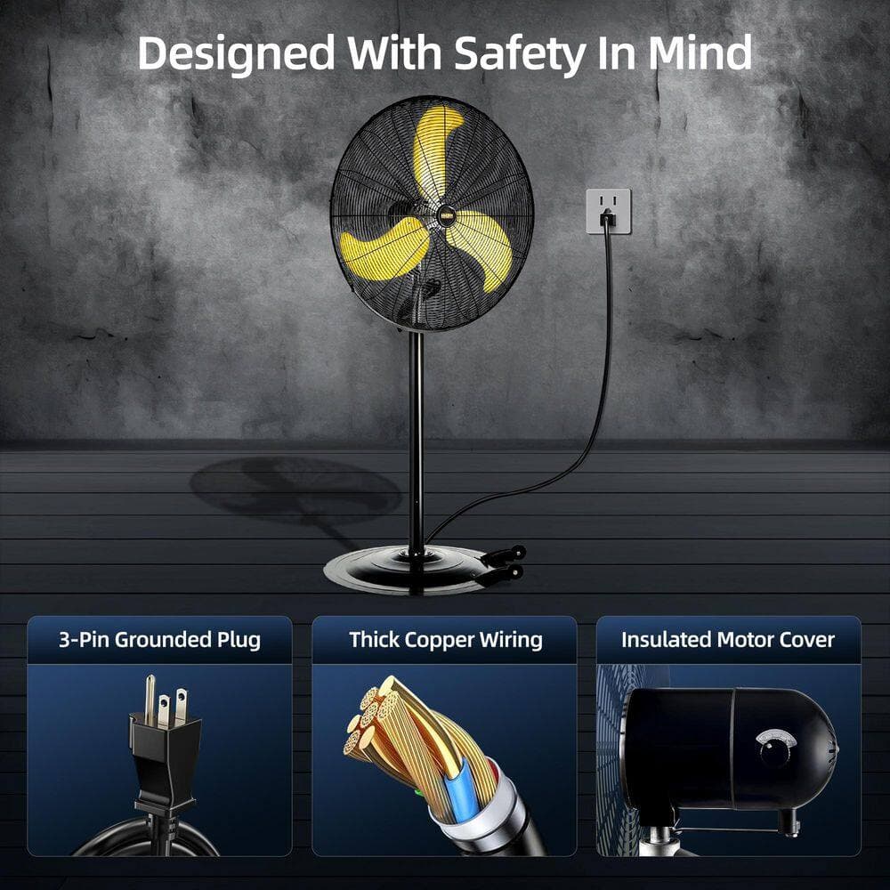 Edendirect 30 in. Portable Heavy-Duty High-Speed Floor-Standing Oscillating Fan in Yellow with Powerful 1/3 Motor Wheels, Low Noise (3)