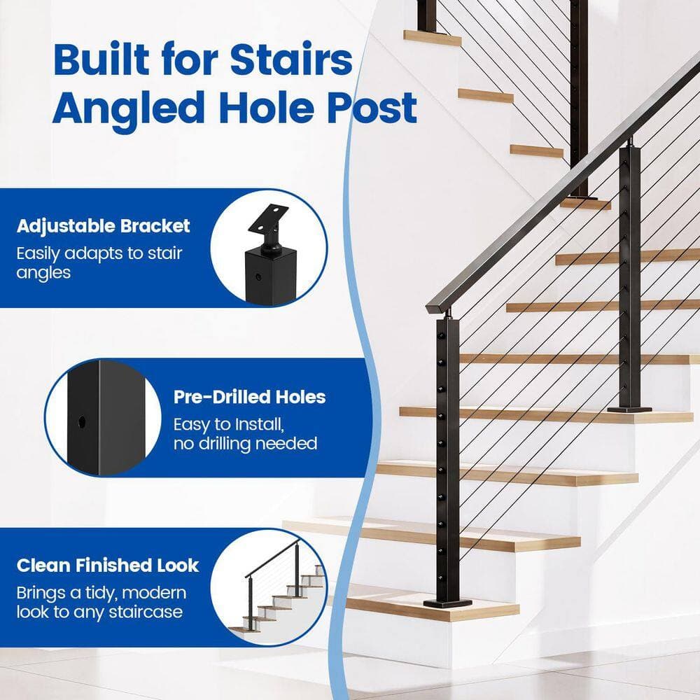 Helhom Black Stair Cable Railing Post, 36 Inch Size for 25-35 Degrees Stairs, Stainless Steel Cable Railing System Kit (3)