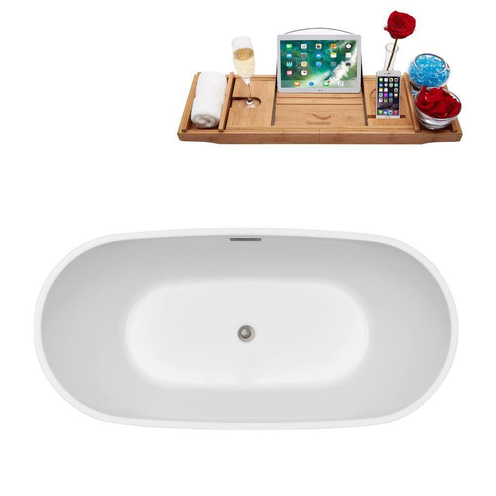 Streamline 59 in. Acrylic Flatbottom Non-Whirlpool Bathtub Glossy White with Brushed Nickel Drain and Overflow Cover (4)