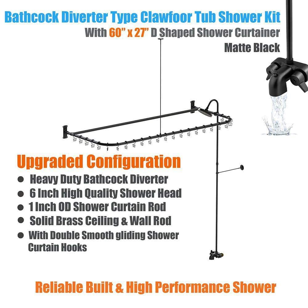 Unbranded Wall Mount Clawfoot Tub and Shower Faucet Set with Heavy Duty Matte Black D-Style Shower Rod Rainfall Head (2)