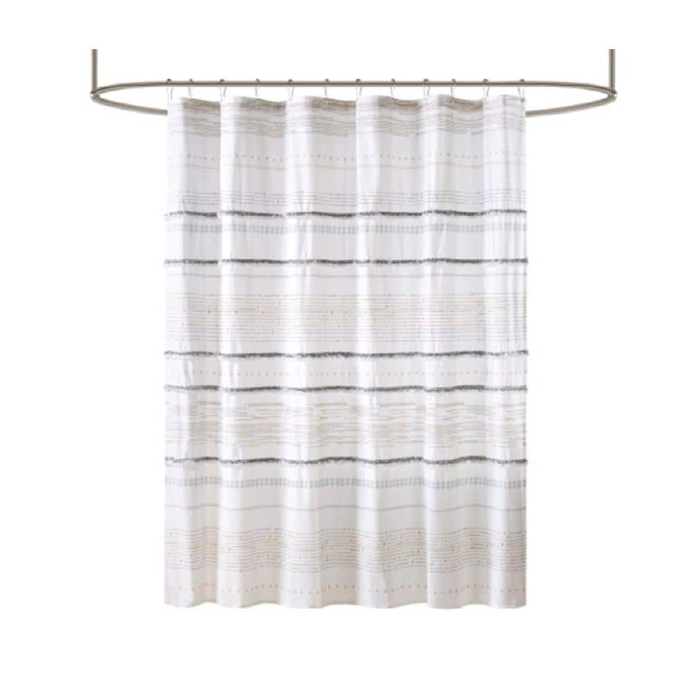 Afoxsos 72 in. W x 72 in. L Chic Cotton Printed Shower Curtain with Tassels and Boho Stripe Design in Off White Gray (1)