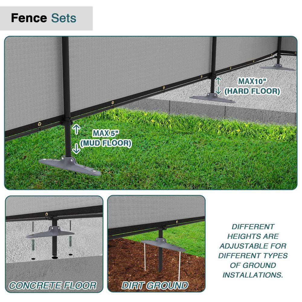 ECOOPTS 5 ft. x 12 ft. HDPE Privacy Fence Screen Set with Poles and Rails Ground Spikes Fence Kit for Garden, Pool, Patio, Gray (3)