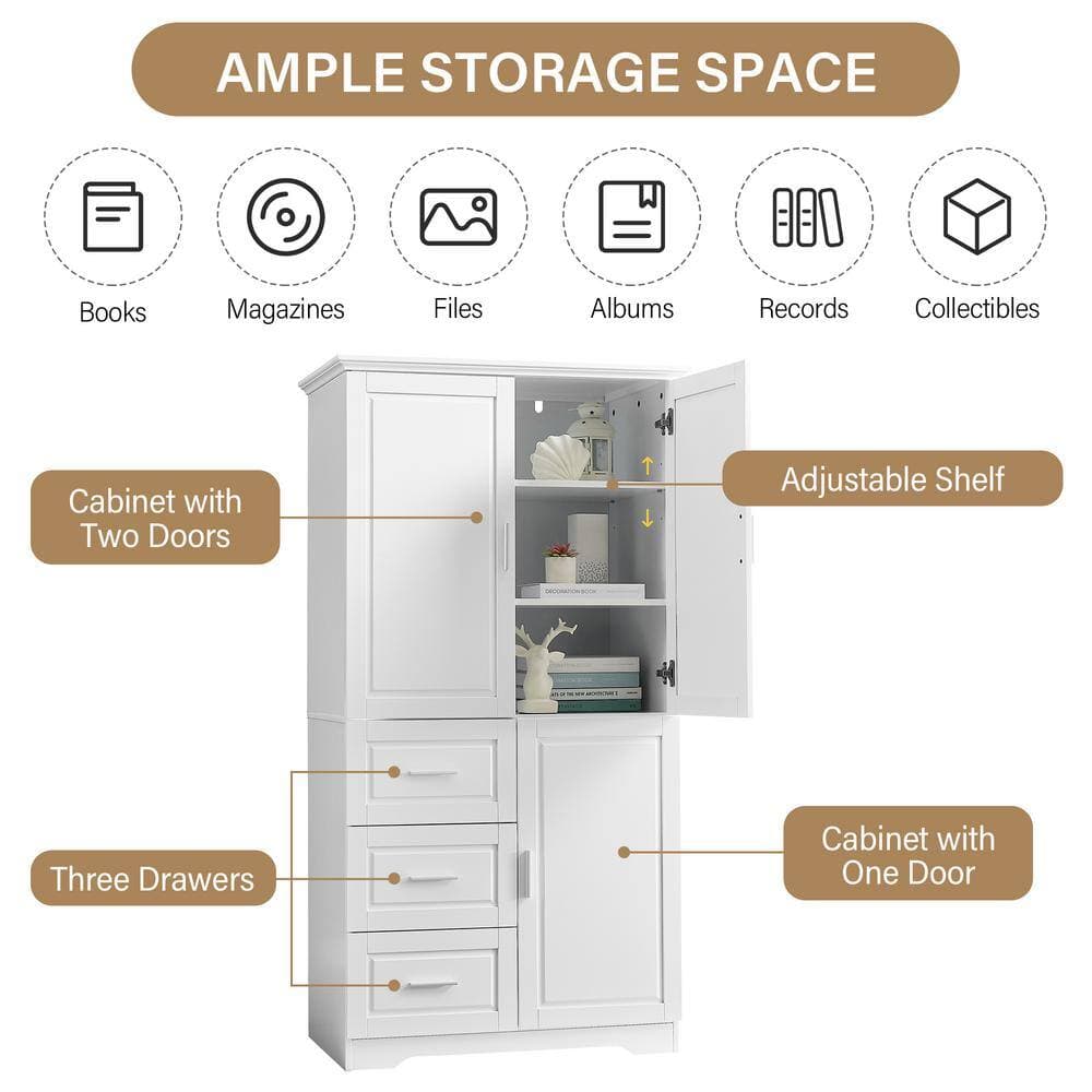 Unbranded 32.6 in. W x 19.6 in. D x 62.2 in. H White Linen Cabinet with with Three Doors, 3-Drawers (3)