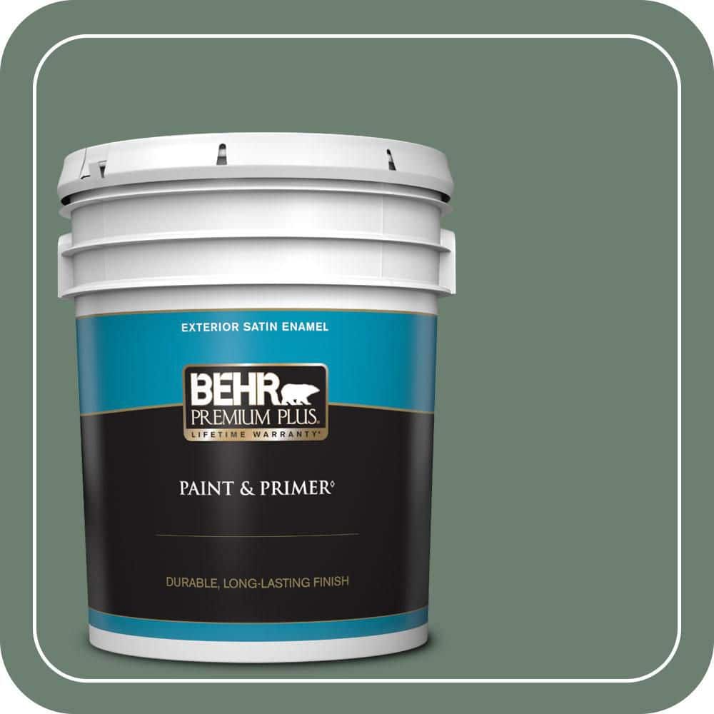 BEHR PREMIUM PLUS 5 gal. #460F-5 Island Palm Satin Enamel Exterior Paint & Primer