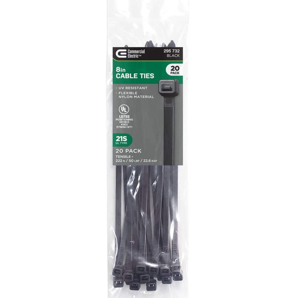 Commercial Electric 8in Standard 50lb Tensile Strength UL 21S Rated Cable Zip Ties 20 Pack UV (Black)