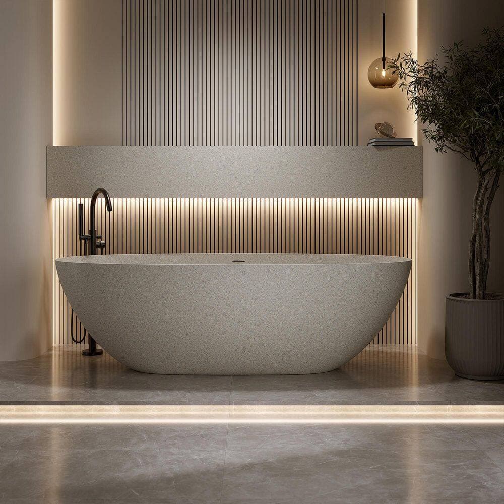 CASAINC 55 in. L x 29.5 in. W Flatbottom Freestanding Soaking Bathtub Solid Surface Mordern Tub with Center Drain in Cream Grey (2)