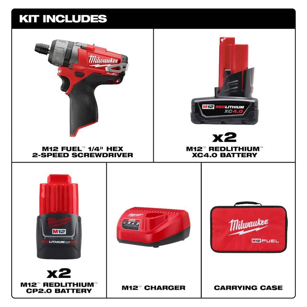 Milwaukee M12 FUEL 12V Lithium-Ion Brushless Cordless 1/4 in. Hex 2-Speed Screwdriver Kit W/(2) 2.0h Batteries, Bag,&4.0 (2-Pack) (2)