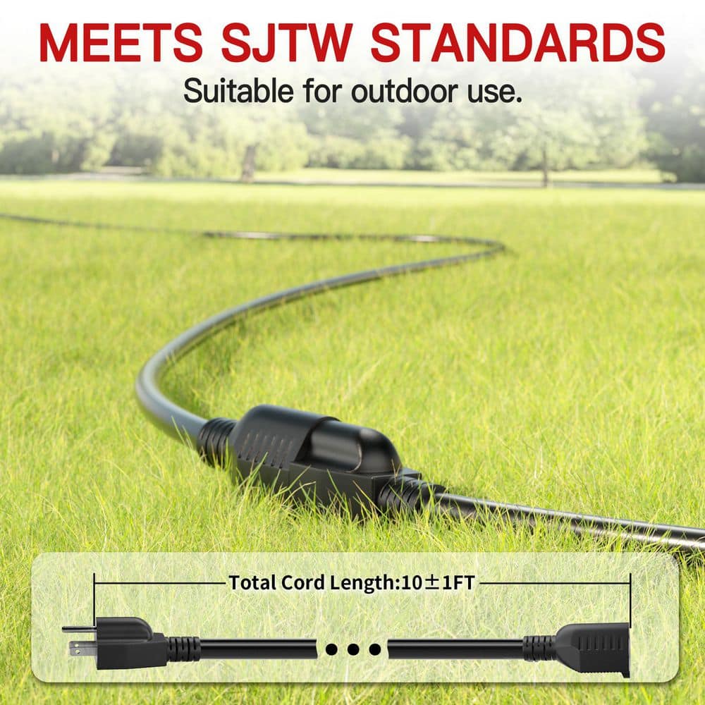 Unbranded 10 ft. 1625 Watt 16AWG 1-Conductor SJTW Rated Outdoor Waterproof Extension Cord with Tri-Tap Lighted End Black (3)