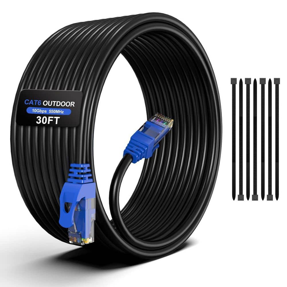 Lukyamzn 30 ft. 24 / 4 Conductor Heavy Duty Direct Burial Outdoor Waterproof UTP Ethernet Cable with 25 Cable Ties Black