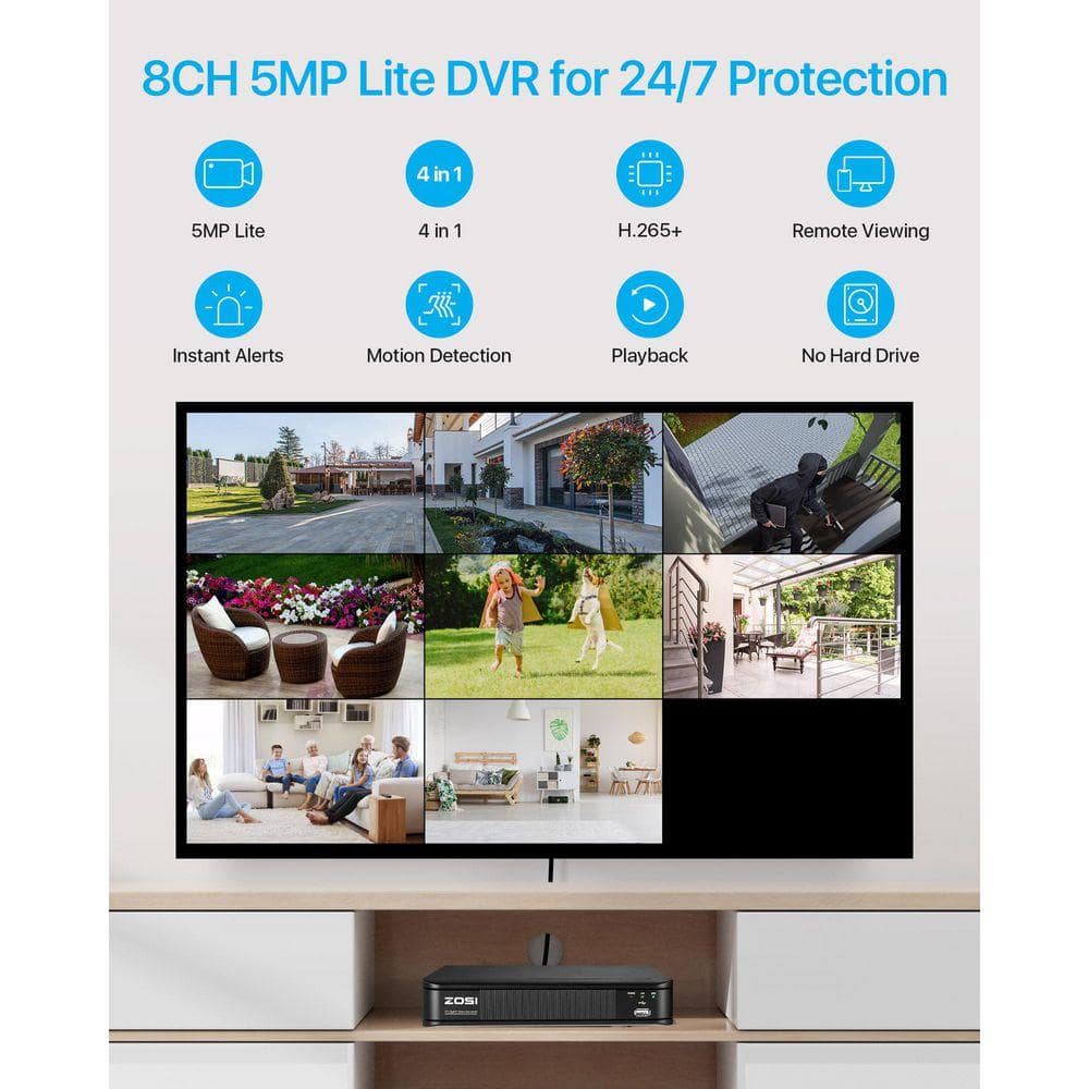 ZOSI 8-Channel H. 265+ 3K-Lite DVR Home Security System with 4 Wired 1080P Full HD Outdoor Bullet Cameras, White (2)