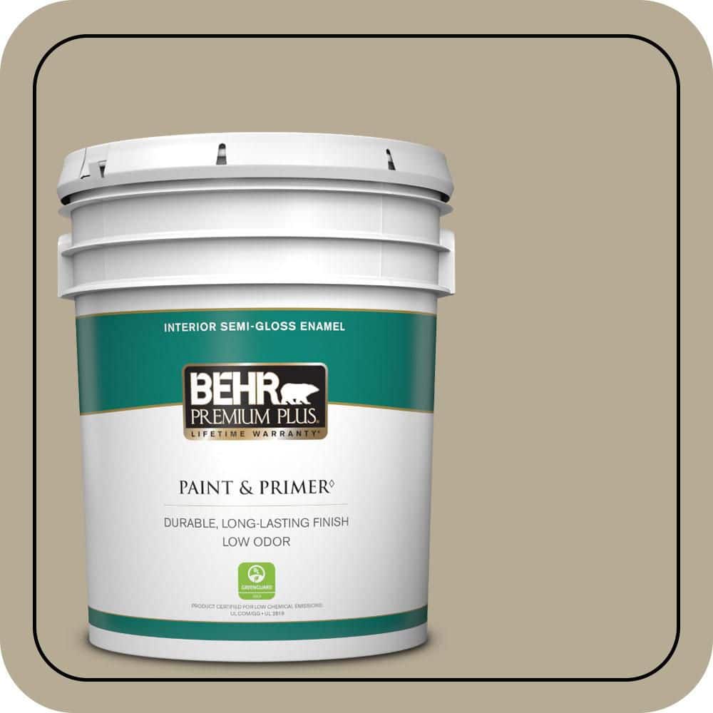BEHR PREMIUM PLUS 5 gal. #N330-4 Explorer Khaki Semi-Gloss Enamel Low Odor Interior Paint & Primer