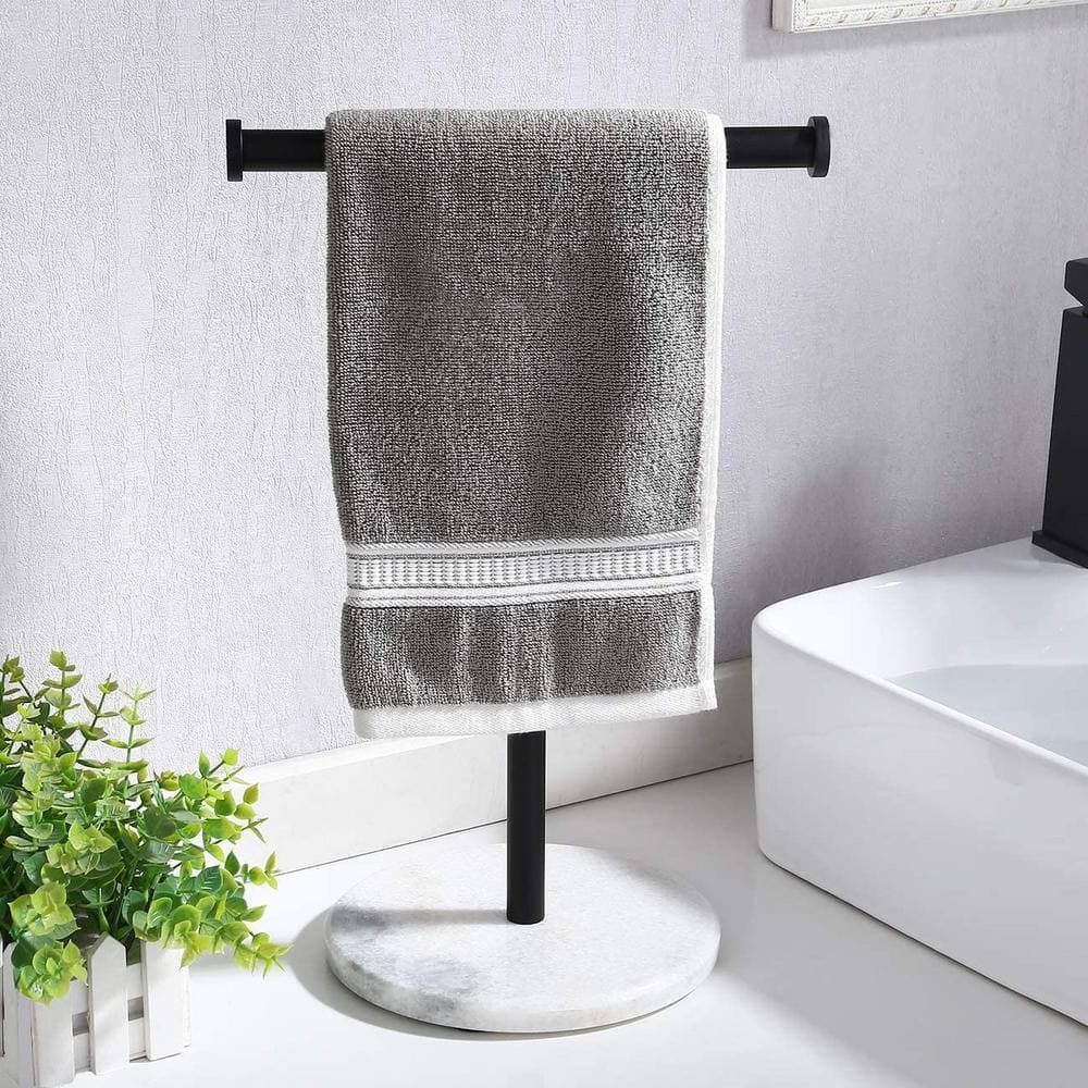 ACEHOOM Countertop T-Shape Single Holder with Natural Marble Base Towel Rack in Matte Black (2)