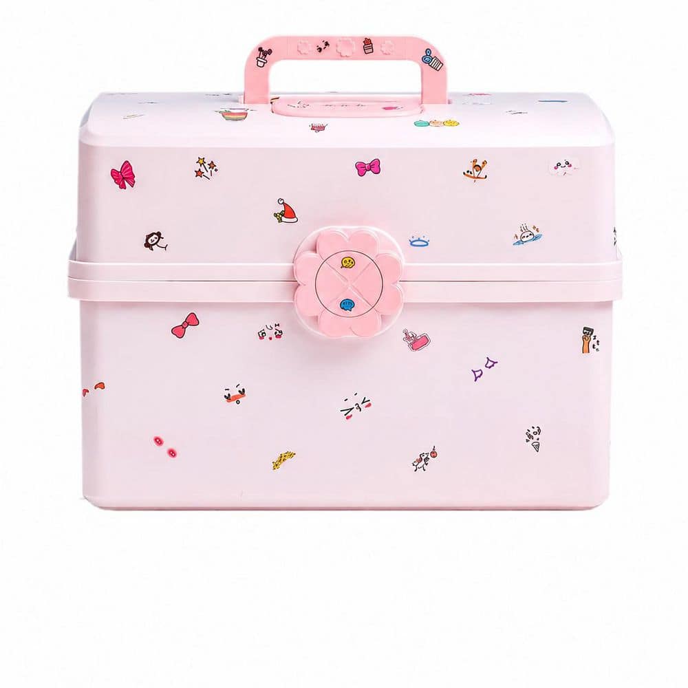 Anqtovp 3-Layer Portable Hair Tool Organizer in Pink Plastic with Handle for Girls Multipurpose Storage Box (1)
