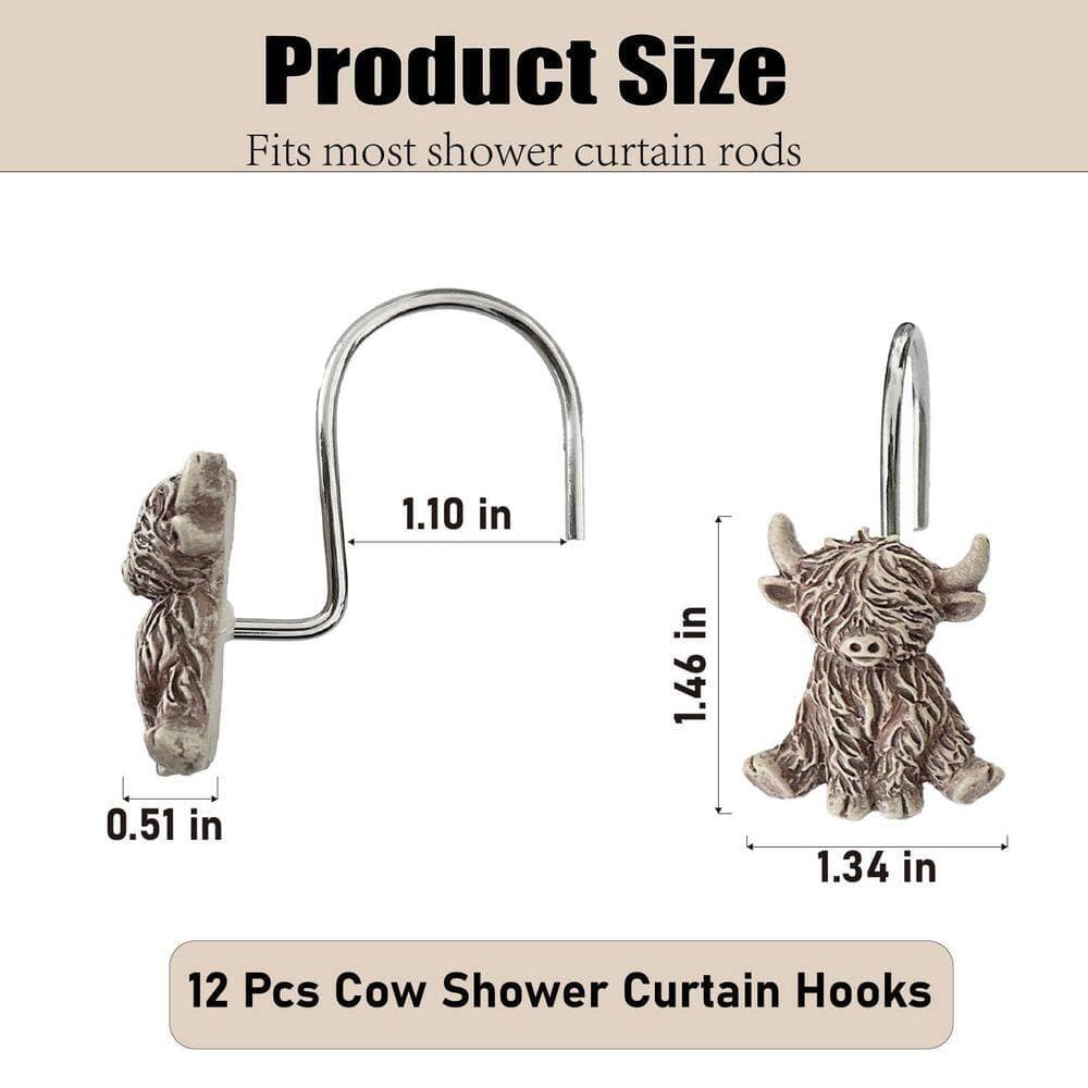KHKFY 12 Pack Highland Cow Shower Curtain Hooks Resin and Stainless Steel Farmhouse Rings Rust Resistant Unit (2)