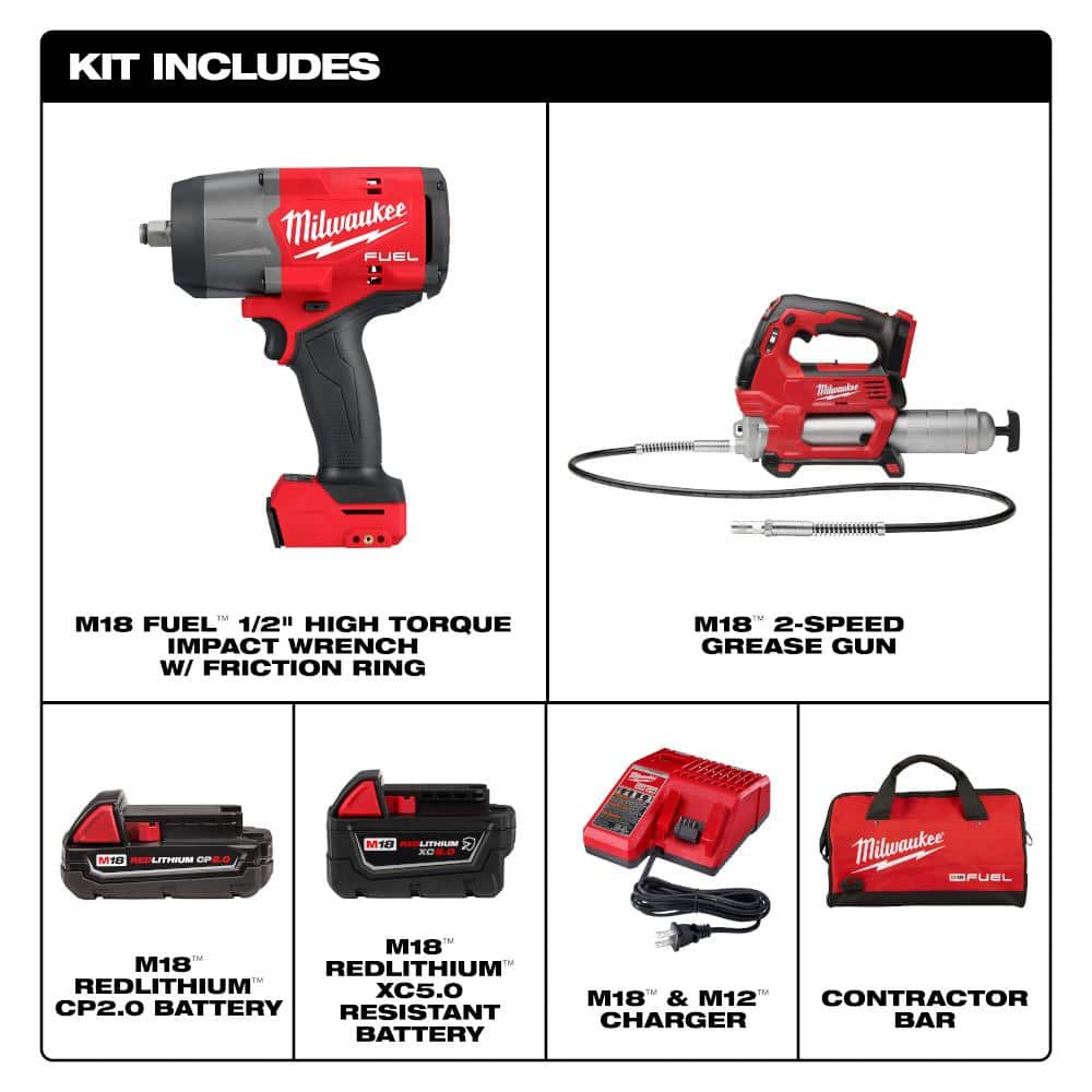 Milwaukee M18 FUEL 18V Lithium-Ion Brushless Cordless High Torque 1/2 in. Impact Wrench & Grease Gun Combo Kit W/Protective Boot (3)
