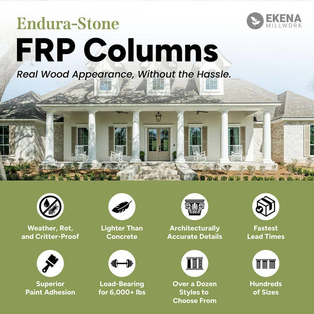 Ekena Millwork 10"Dia. x 8'H Endura-Stone Fluted Column, Round (FRP), Architectural Taper, Tuscan Cap & Base, Plan Type D: Split in 1/2 (3)