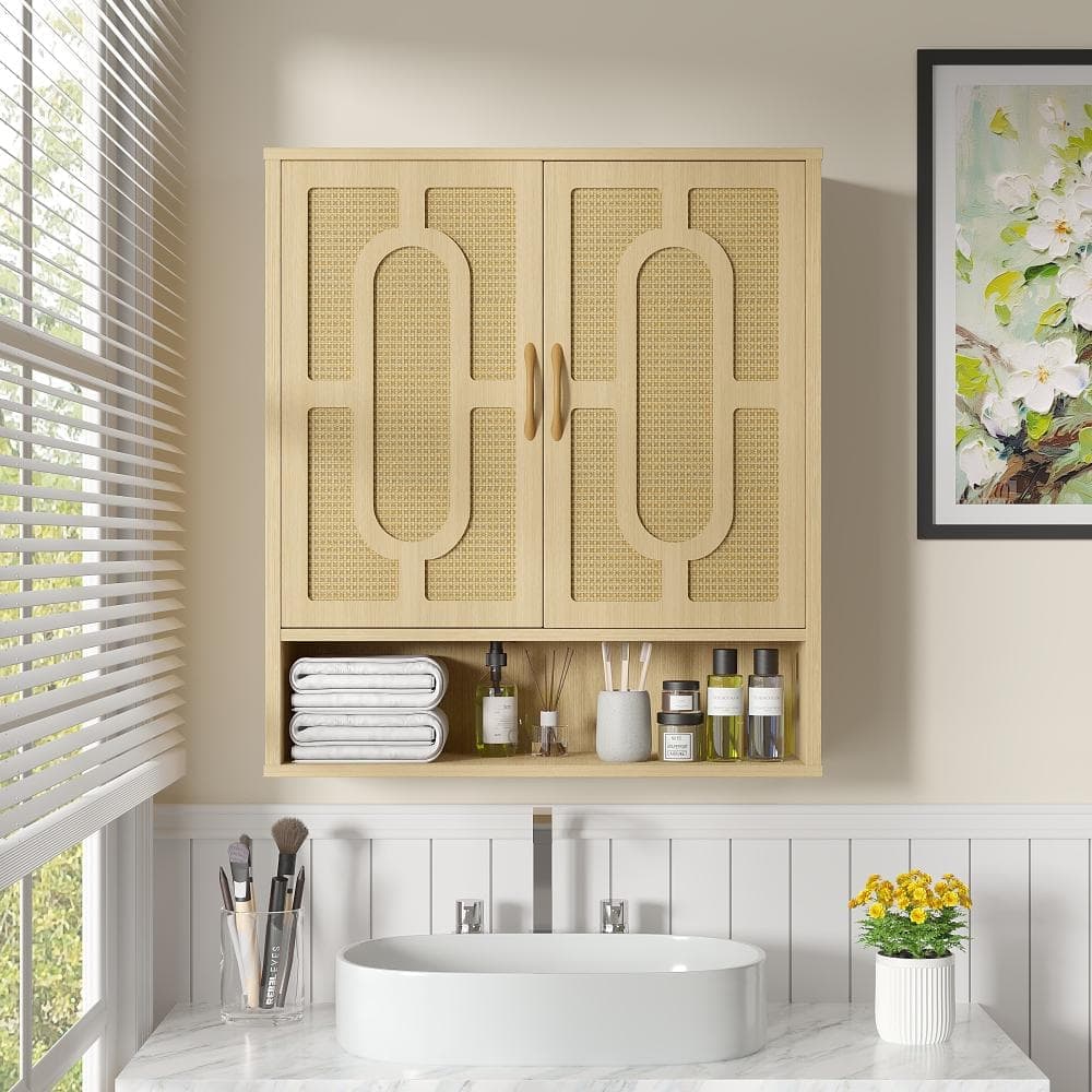 Peatuk Bathroom Wall Cabinet with Rattan Doors, 23.23" W x 7.87" D x 26.18" H, Over Toilet Storage with Adjustable Shelf (2)