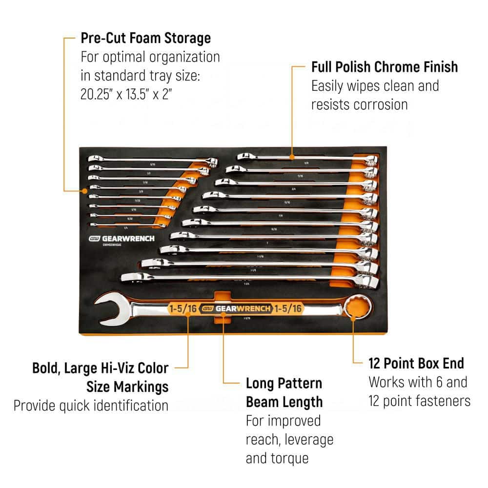 GEARWRENCH 12-Point SAE Hi-Viz Long Pattern Combination Wrench Set in Foam Storage Tray (19-Piece) (3)
