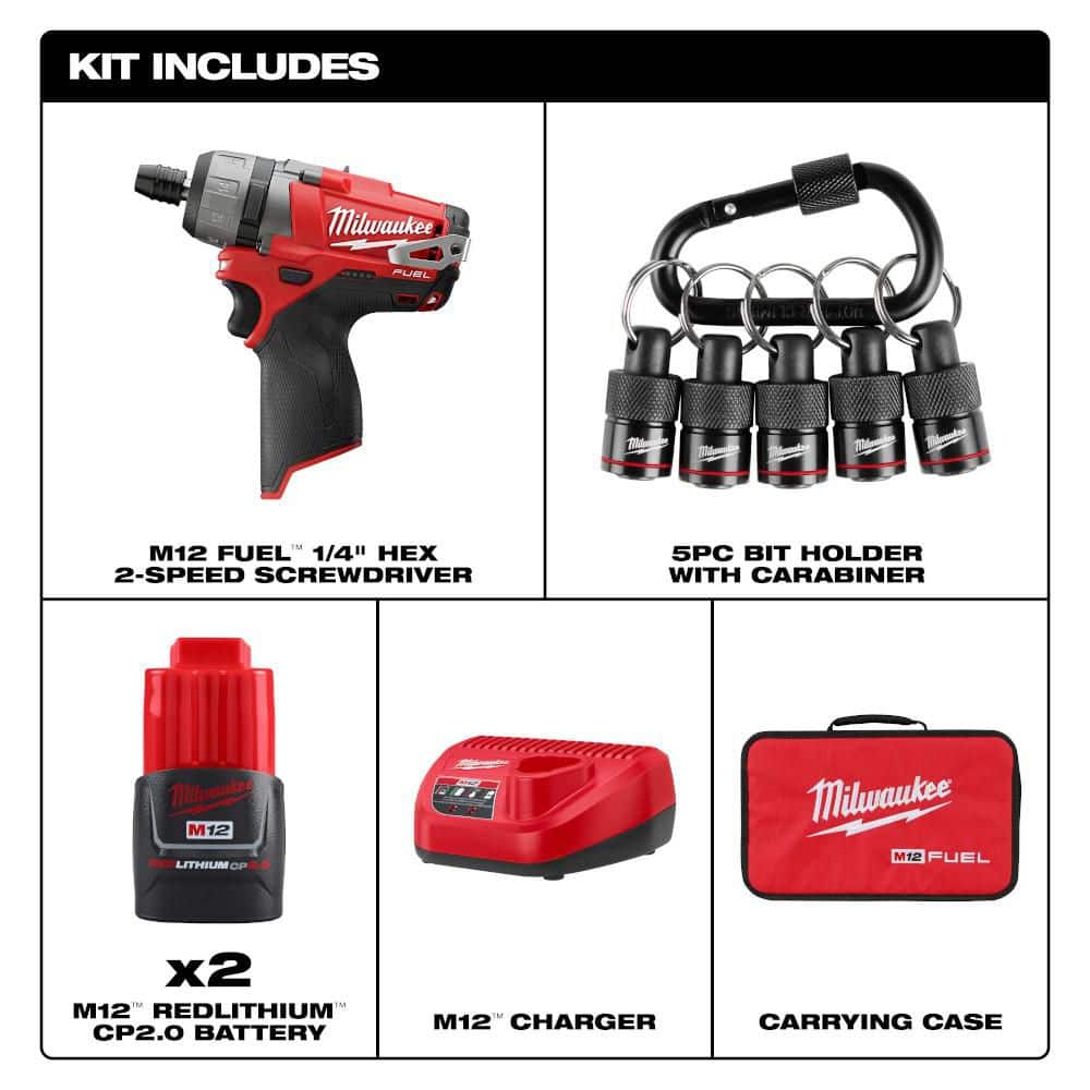 Milwaukee M12 FUEL 12V 1/4 in. Hex 2-Speed Screwdriver Kit w/ (2) 2. 0Ah Batteries, Case with 5-Pc Carabiner Hex Holder (2)