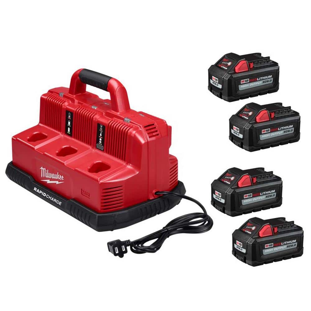 Milwaukee M18/M12 Multi-Voltage 6-Port Sequential Rapid Battery Charger w/(4) HIGH OUTPUT 6.0Ah Battery Pack (1)