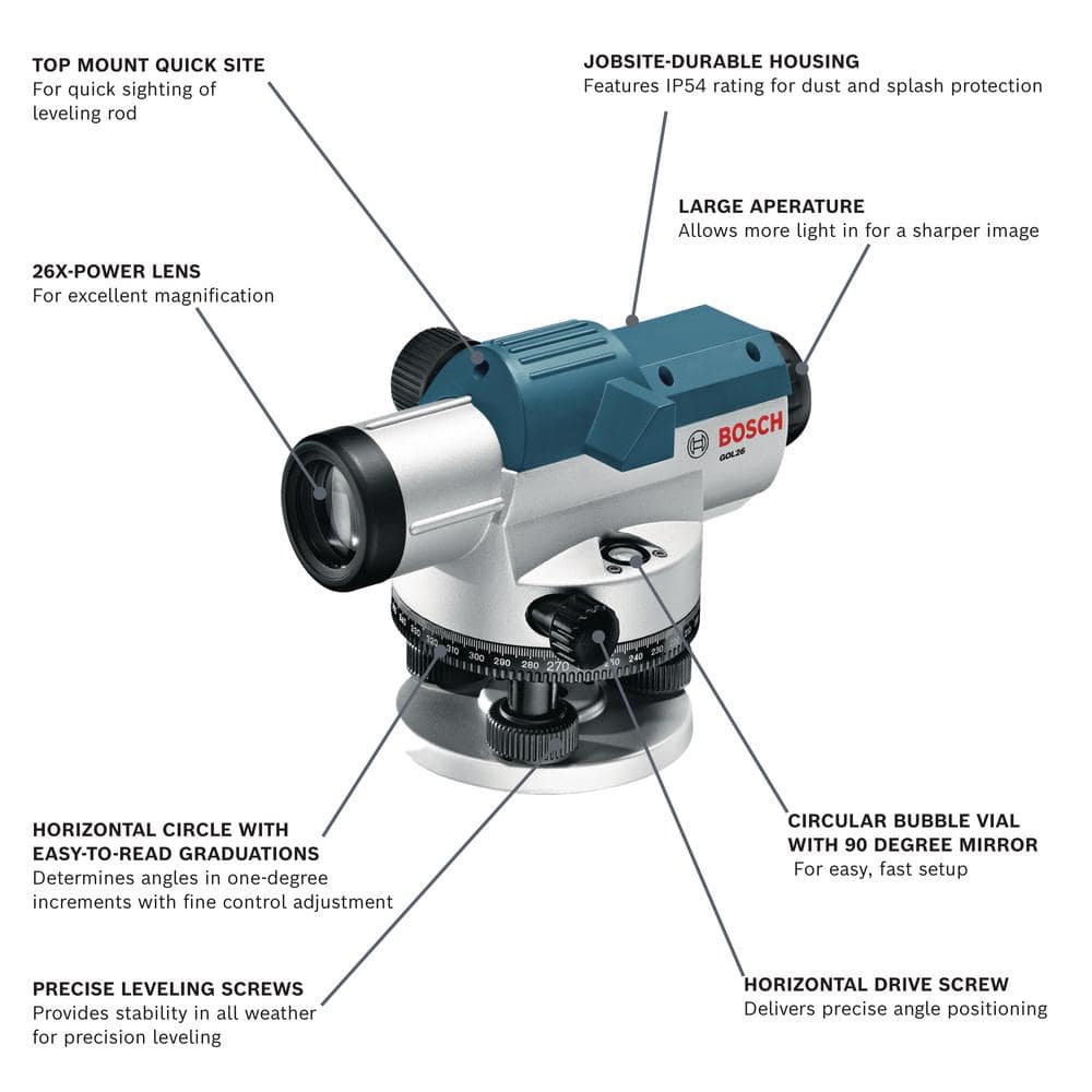 Bosch 8 in. Automatic Optical Level Kit with 26x Magnification Power Lens (3-Piece) (2)