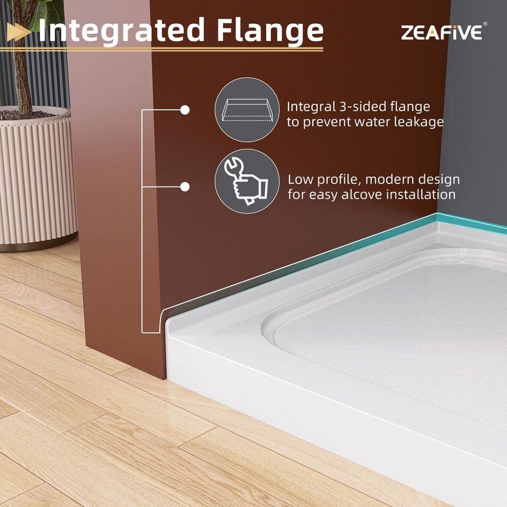 Zeafive Nsia 60 in. L x 32 in. W Alcove Single Threshold Shower Pan Base with Left Drain Hole in White Non-Slip Design (3)