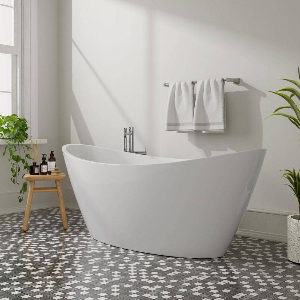 Empava Acrylic Flatbottom Double Ended Freestanding Soaking Bathtub with Polished Chrome Overflow and Drain